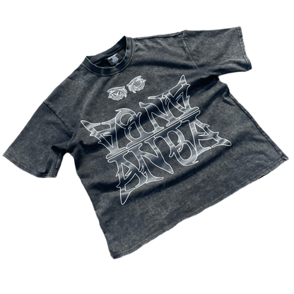 Black t-shirt with white graphic design on a white background